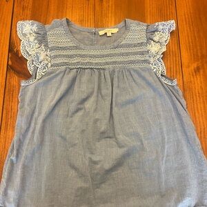 LOFT Chambray Sleeveless Top with Embroidered Lace